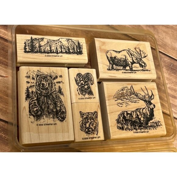 HTF STAMPIN' UP! YUKON Wood Mounted Rubber Stamp set of6 ELK BEAR MOOSE RAM RARE - Picture 1 of 5